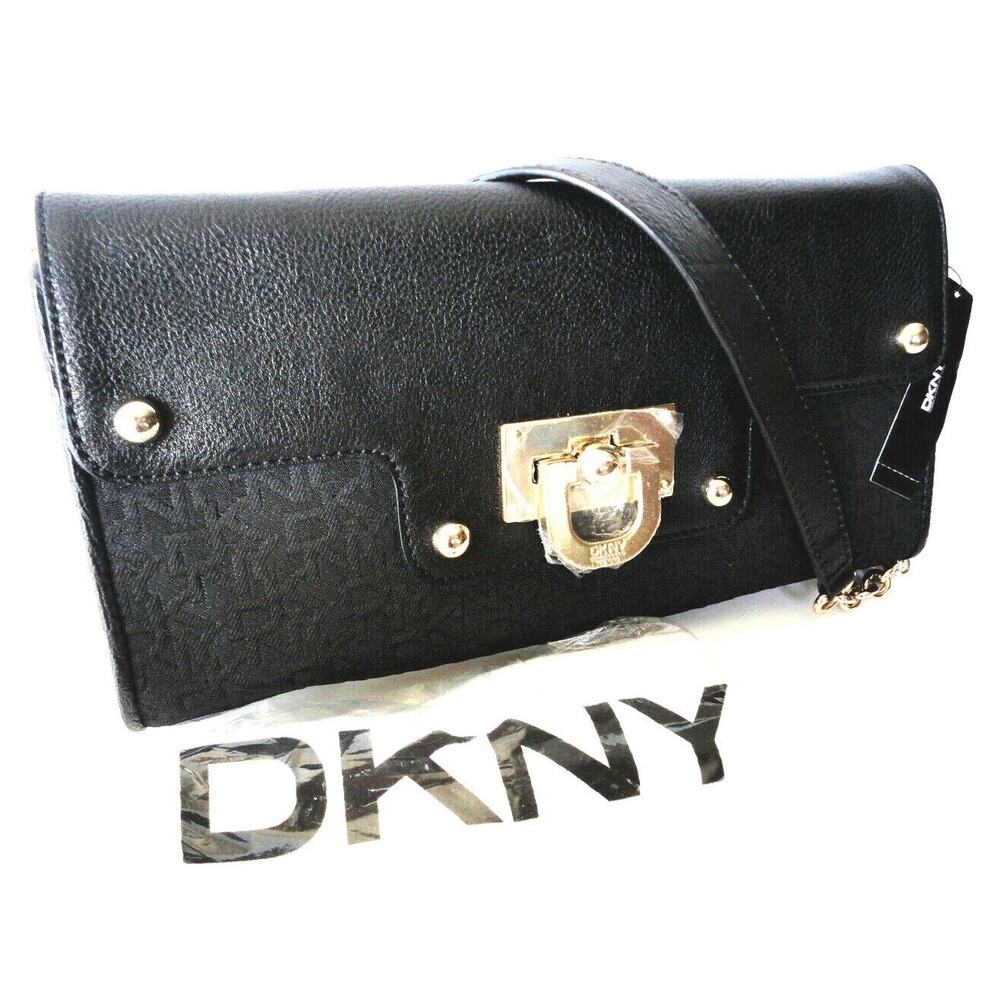 DKNY Leather Handbag Black Clutch Shoulder Bag Womens Purse Jacquard Gold Chain
